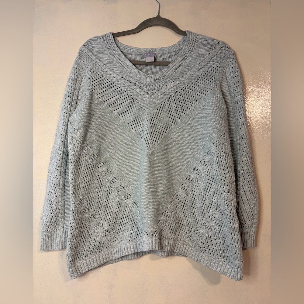 Chicos women’s v neck crochet blue sweater size L knit academia casual modest